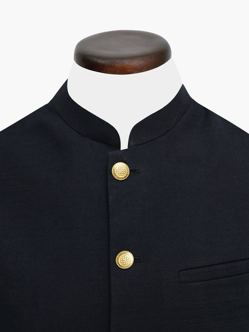 Black Linen Blended Waistocat With Golden Buttons - Sartoria