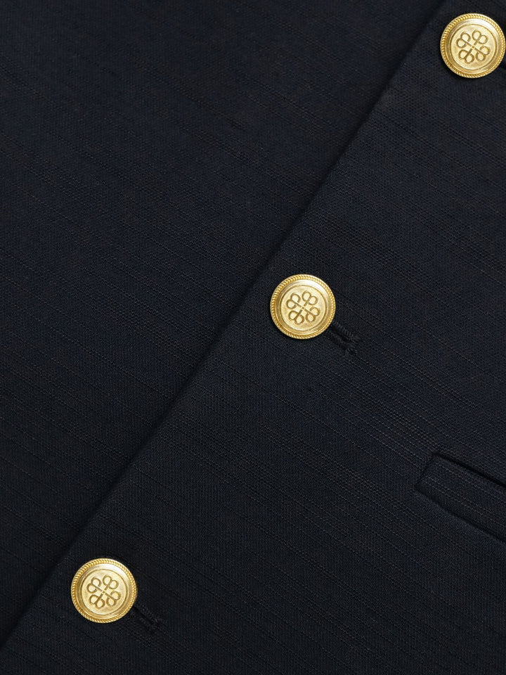 Black Linen Blended Waistcoat With Golden Buttons - Sartoria