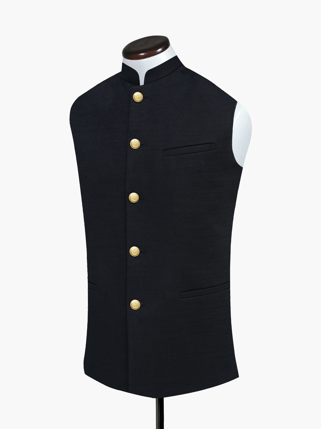 Black Linen Blended Waistcoat With Golden Buttons - Sartoria