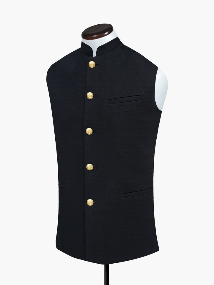 Black Linen Blended Waistocat With Golden Buttons - Sartoria