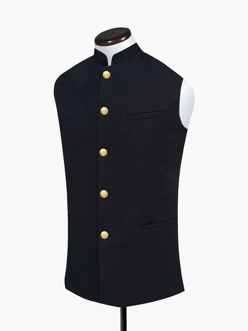 Black Linen Blended Waistocat With Golden Buttons - Sartoria
