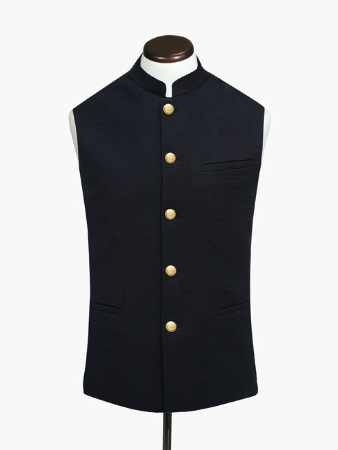 Black Linen Blended Waistocat With Golden Buttons - Sartoria