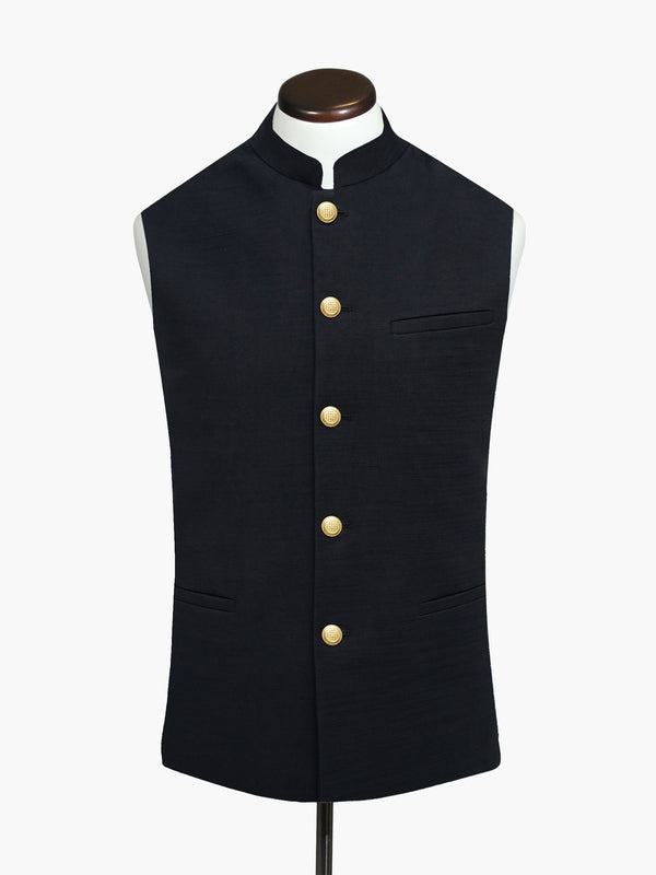 Black Linen Blended Waistocat With Golden Buttons - Sartoria