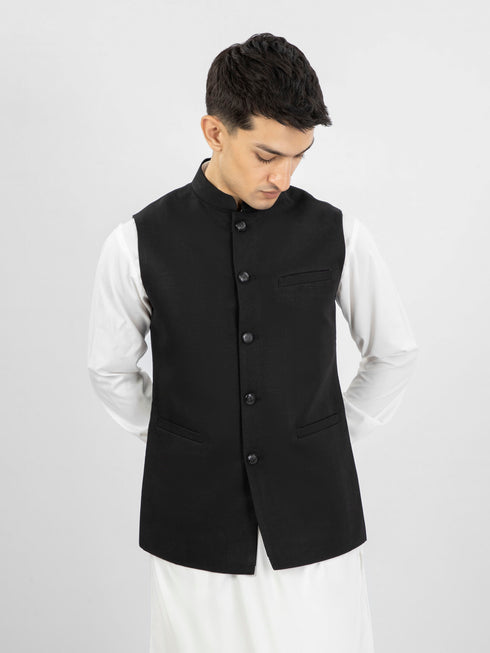 Black Linen Waistcoat With Metal Buttons