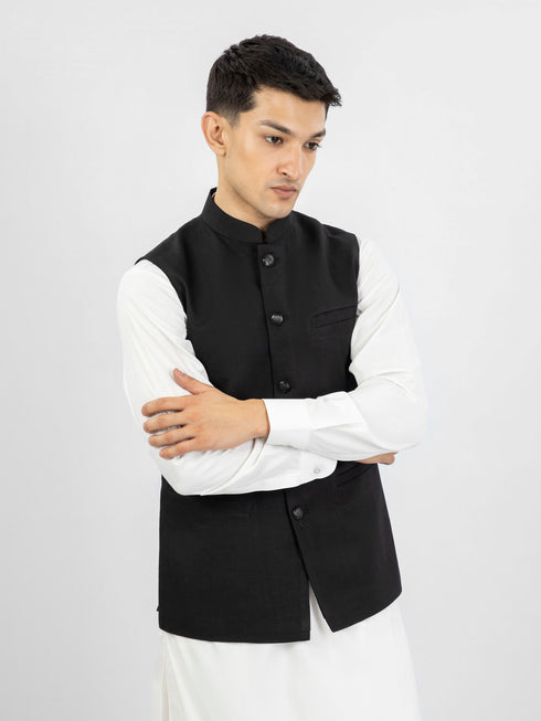 Black Linen Waistcoat With Metal Buttons