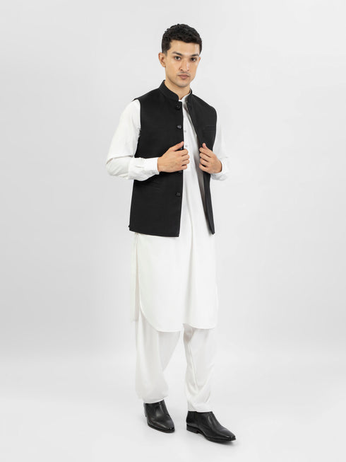 Black Linen Waistcoat With Metal Buttons