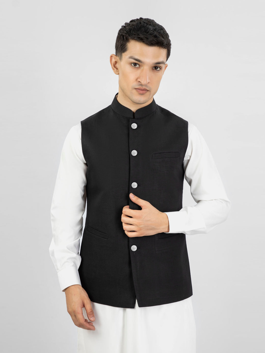Black Linen Waistcoat With Silver Buttons