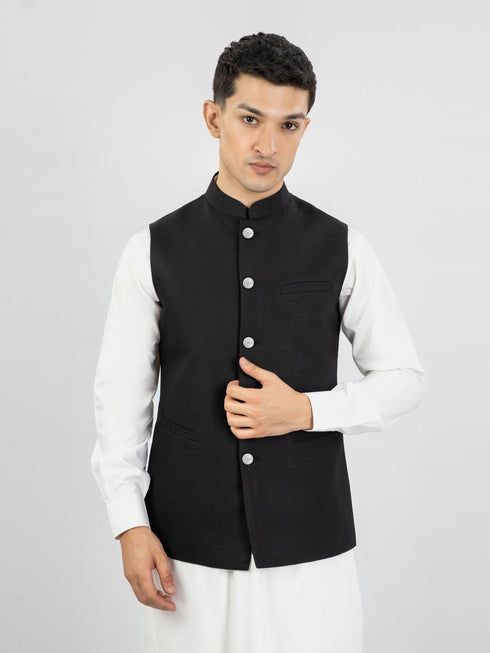 Black Linen Waistcoat With Silver Buttons