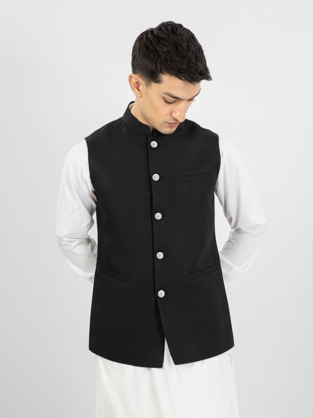 Blacklinenwaistcoatwithsilverbuttonsbrumanopakistan2
