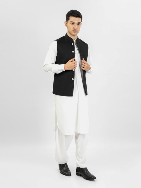 Black Linen Waistcoat With Silver Buttons