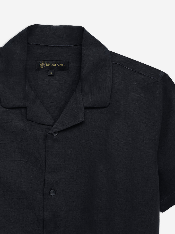 Black Linen & Viscose Blended Cuban Collar Shirt