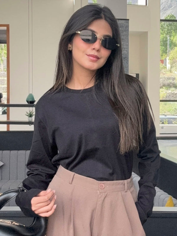Black Long Sleeve Crew Neck T-Shirt - Women