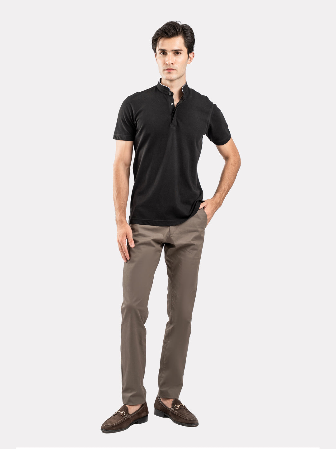 Black Mao Collar Pique Polo