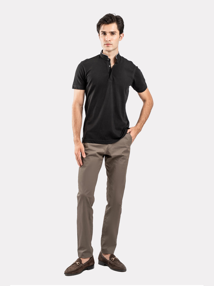 Black Mao Collar Pique Polo