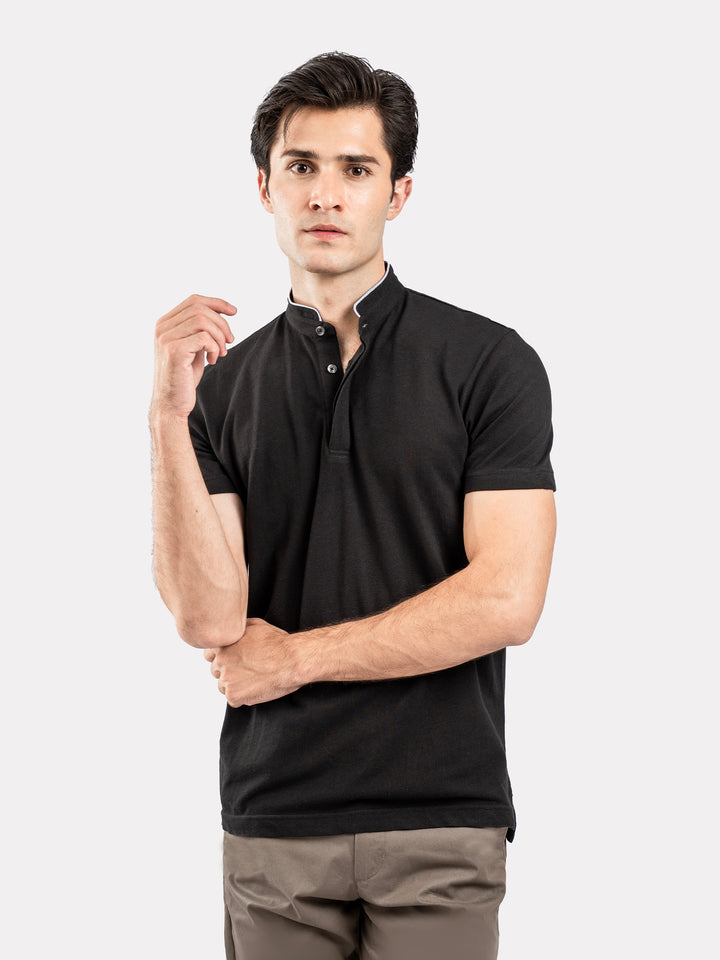 Black Mao Collar Pique Polo