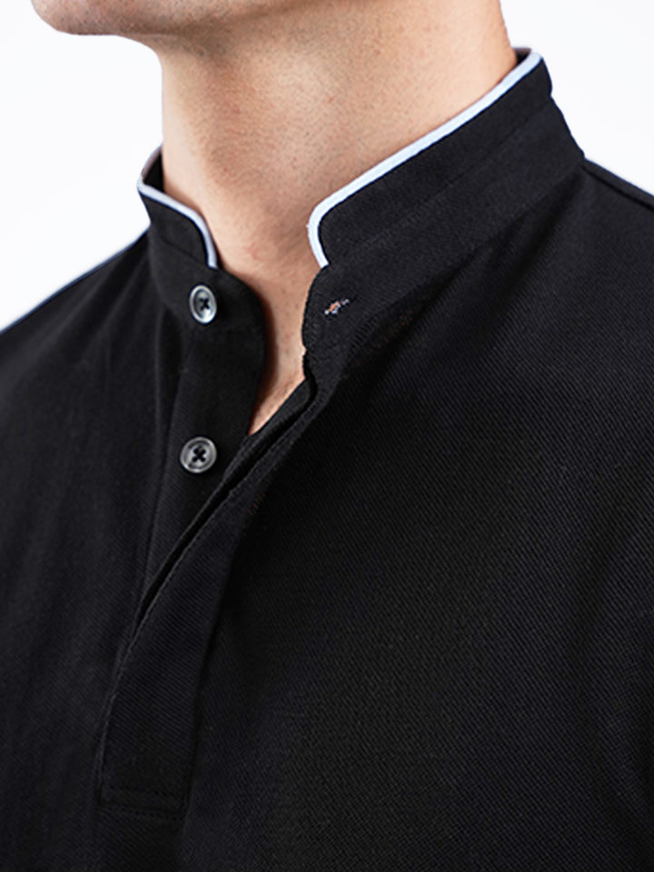 Black Mao Collar Pique Polo