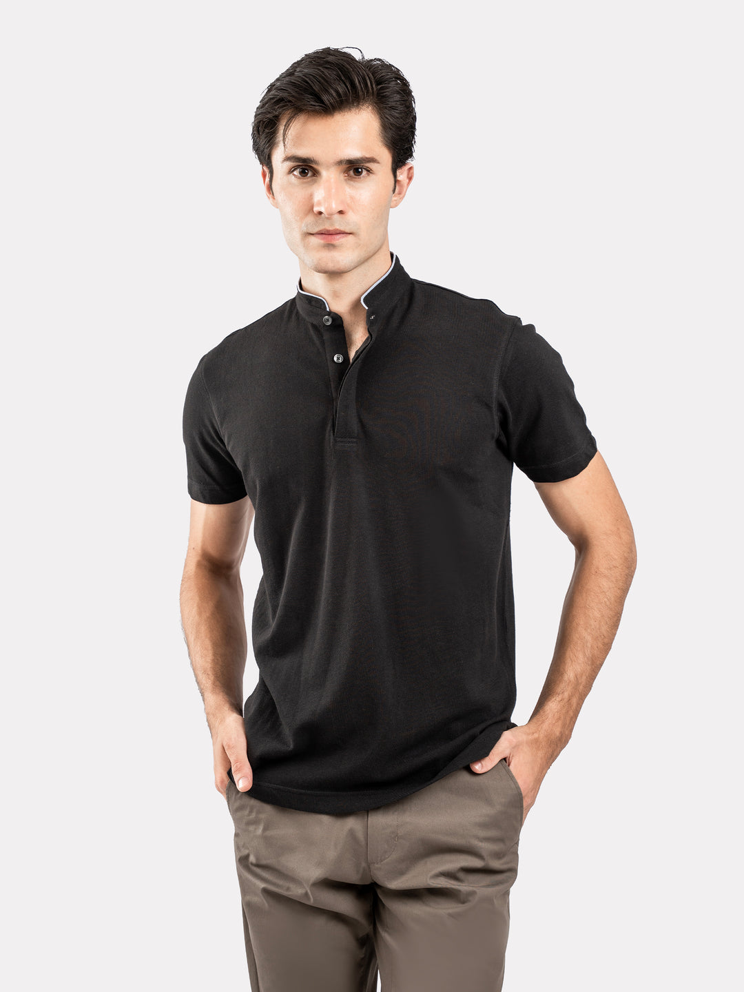 Black Mao Collar Pique Polo