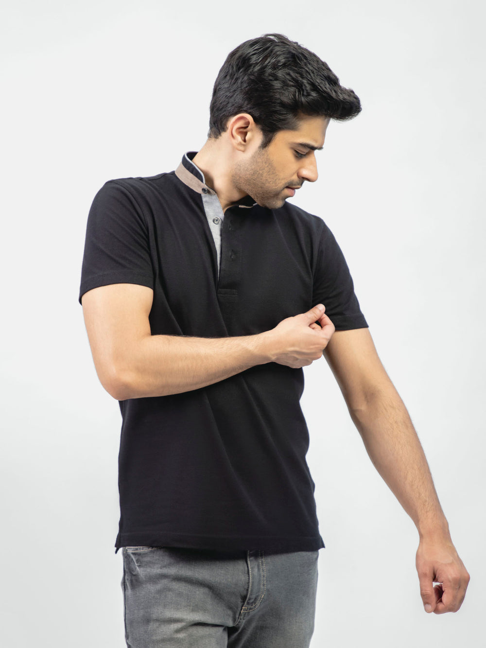 Black Mao Collar Polo Shirt With Detailing