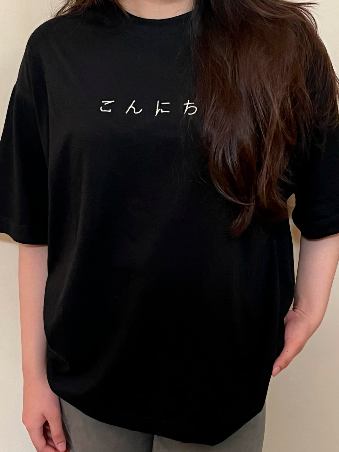 Black Oversized T-Shirt With Minimalist 'Hello' Embroidery - Women