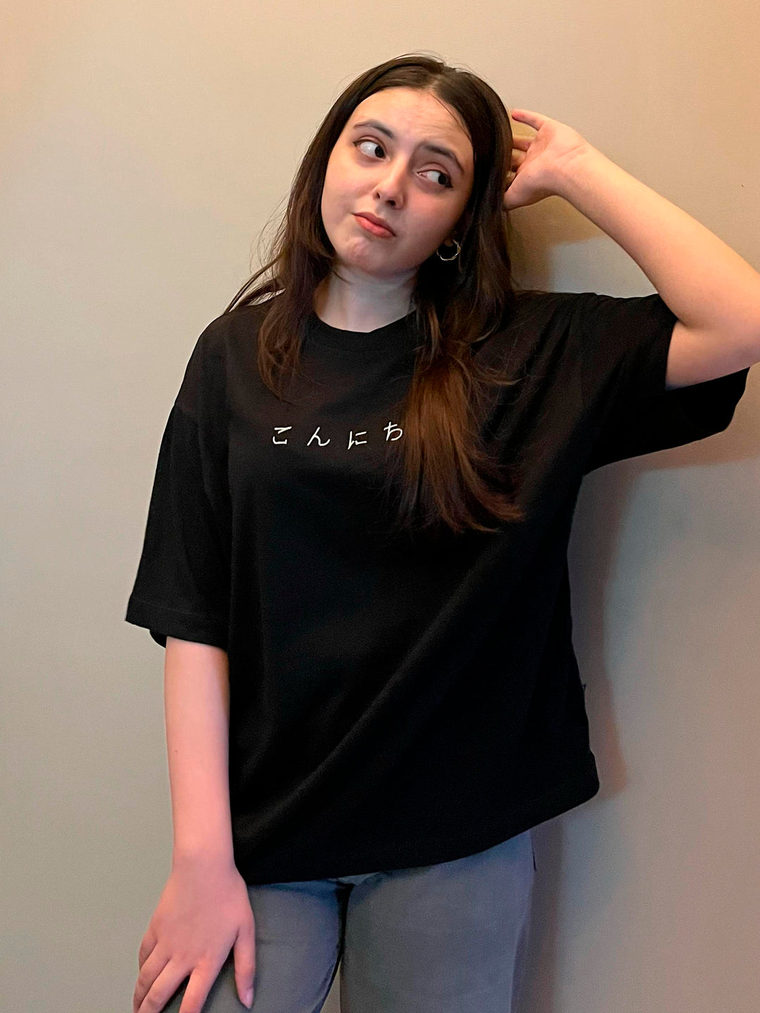 Black Oversized T-Shirt With Minimalist 'Hello' Embroidery - Women