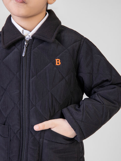 Black Padded Jacket With Corduroy Collar