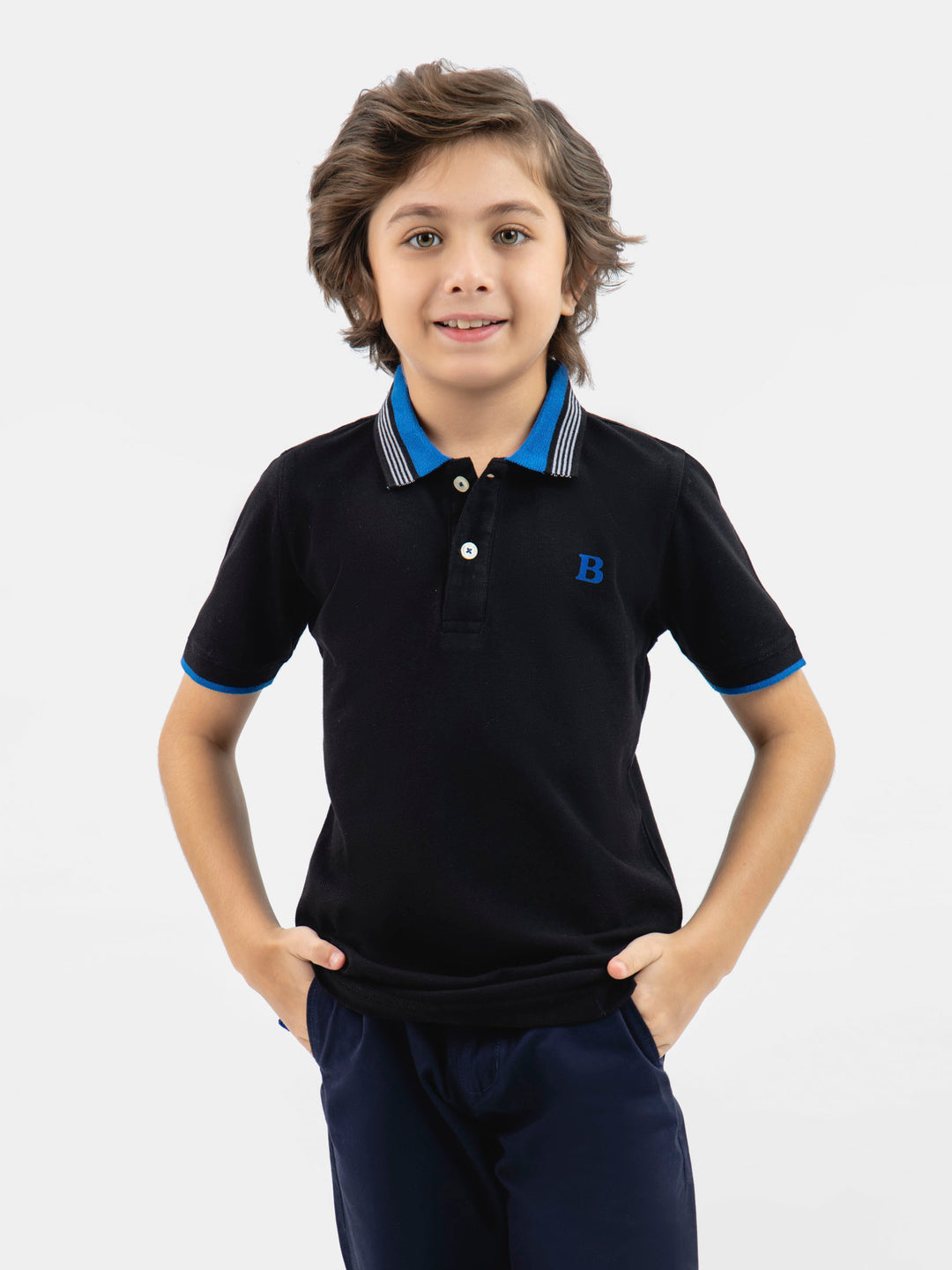 Black pique polo with blue collar brumano pakistan