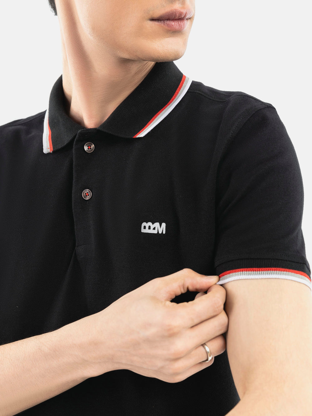 Black Pique Polo With Tipping Collar