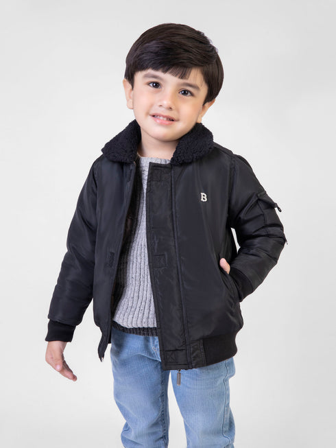 Black Quilted Casual Jacket With Sherpa Collar