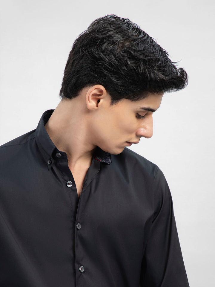 Black Satin Button Down Shirt With Detailing Brumano Pakistan