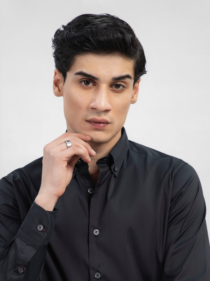Black Satin Button Down Shirt With Detailing Brumano Pakistan