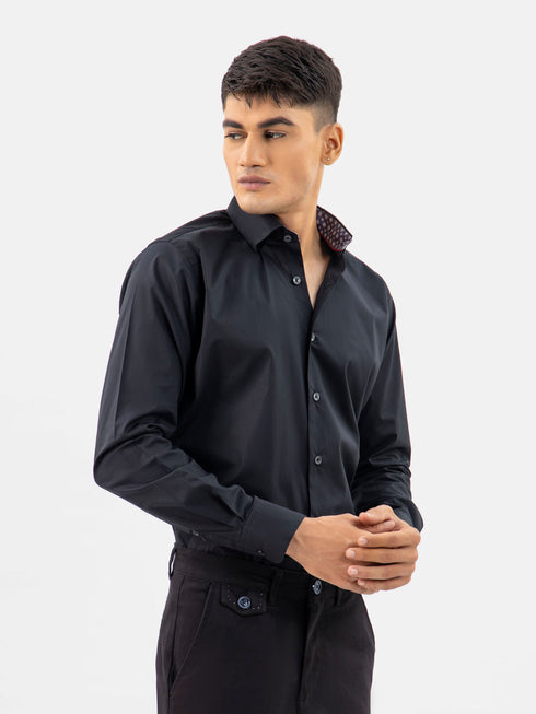 Black Satin Shirt With Inner Collar Detailing