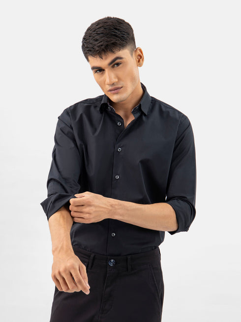 Black Satin Shirt With Inner Collar Detailing