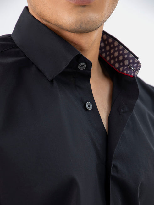 Black Satin Shirt With Inner Collar Detailing