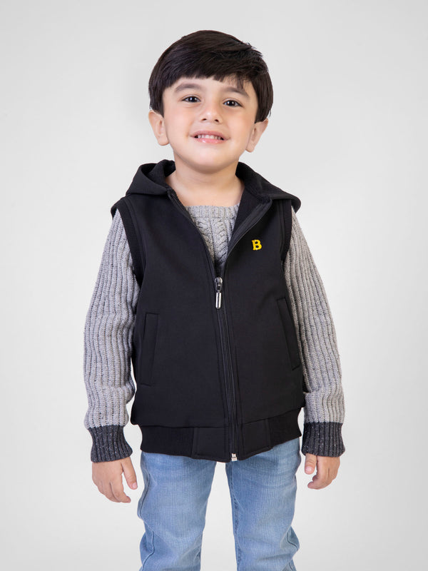 Black Sleeveless Casual Zipper Jacket With Hood