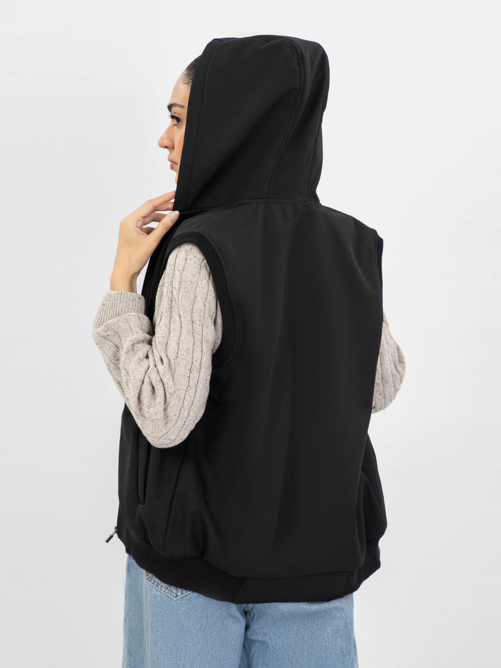 Black Sleeveless Zipper Jacket With Hoodie - Women