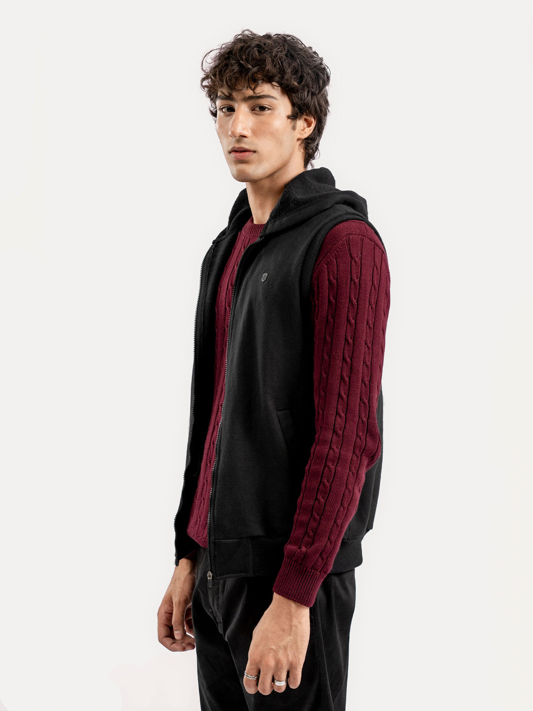 Black Sleeveless Zipper Jacket With Hoodie