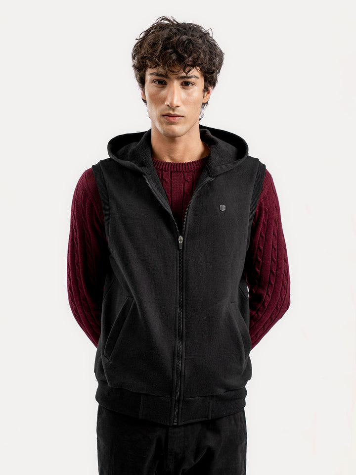 Black Sleeveless Zipper Jacket With Hoodie