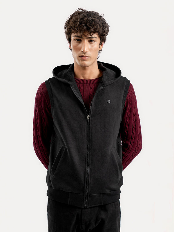 Black Sleeveless Zipper Jacket With Hoodie