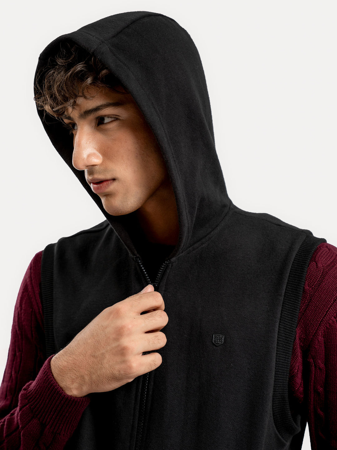 Black Sleeveless Zipper Jacket With Hoodie