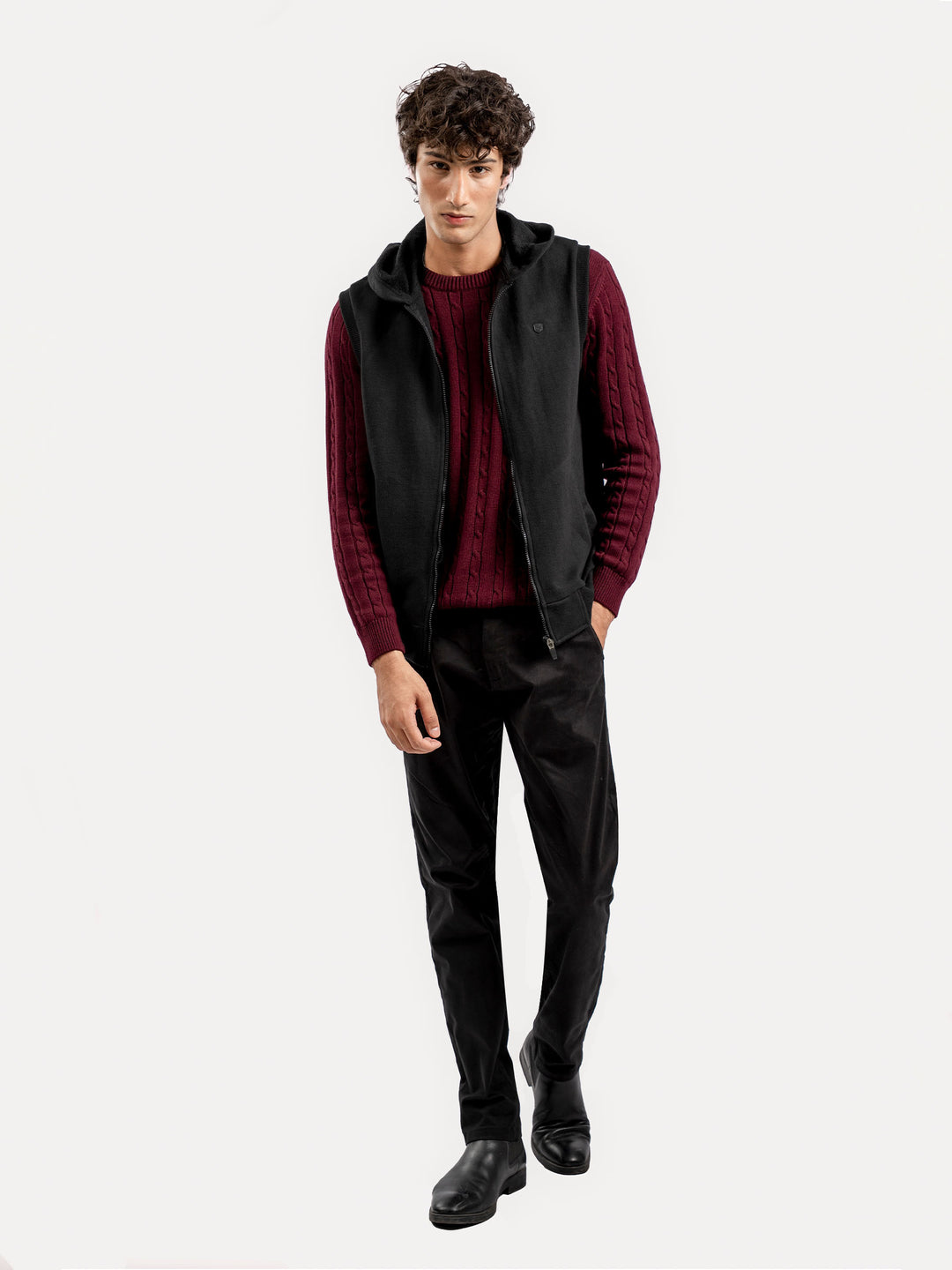 Black Sleeveless Zipper Jacket With Hoodie