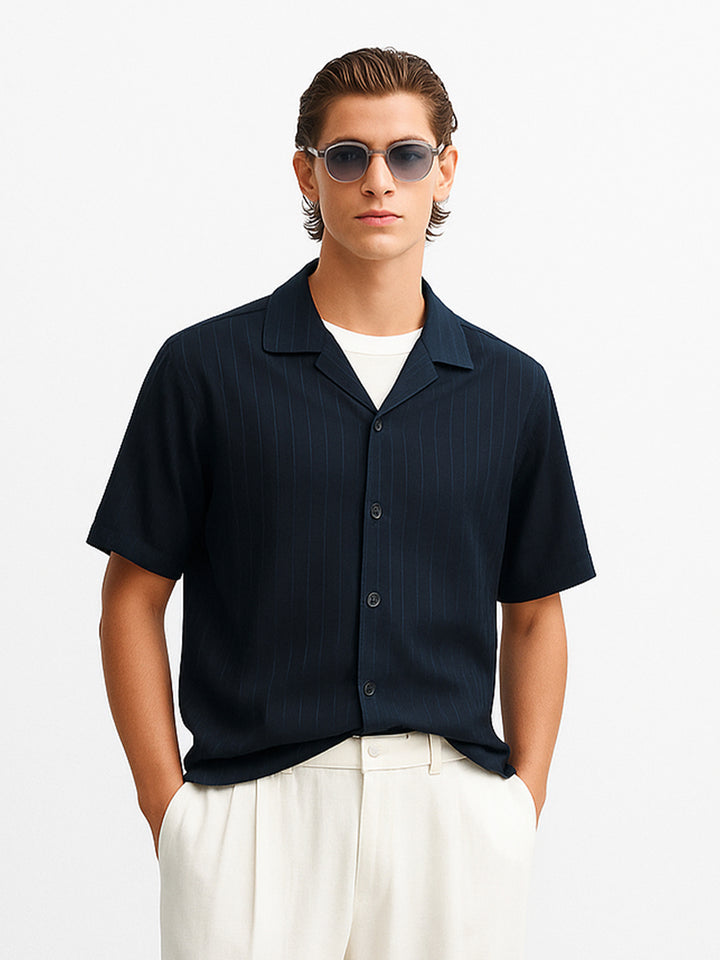 Black Striped Light Weight Cuban Collar Shirt