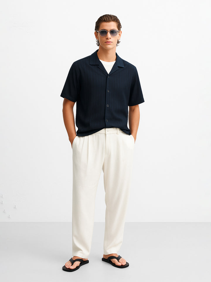 Black Striped Light Weight Cuban Collar Shirt