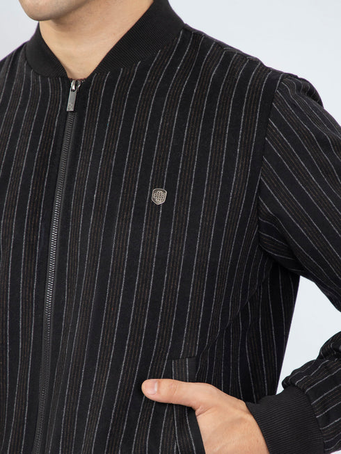 Black Striped Wool Bomber Jacket