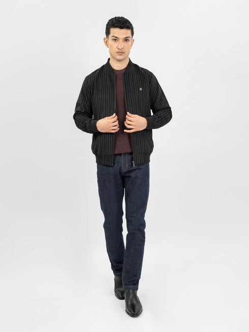 Black Striped Wool Bomber Jacket