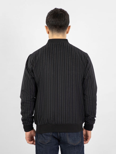 Black Striped Wool Bomber Jacket