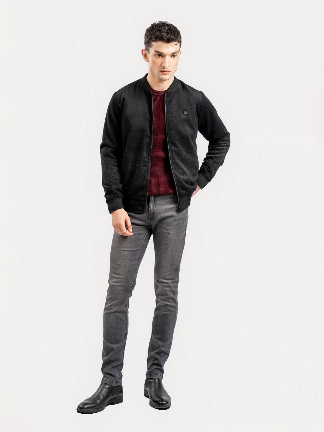 Black Two Tone Light Weight Wool Bomber Jacket