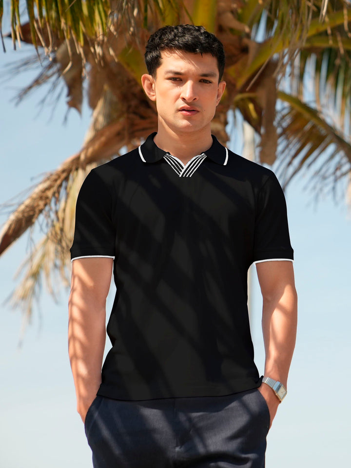 Black V-Placket Polo With Tipped Collar
