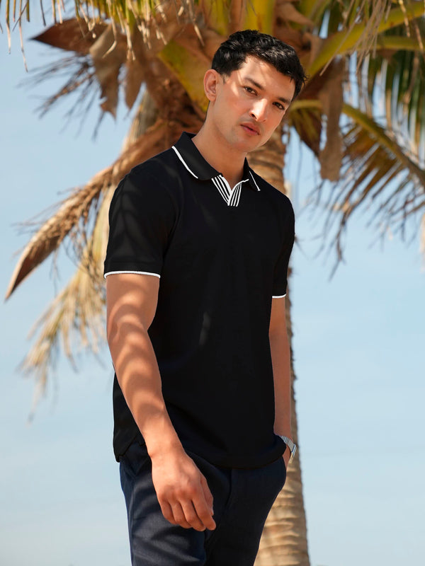 Black V-Placket Polo With Tipped Collar