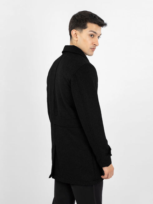 Black Wool Blended Long Coat With Collar