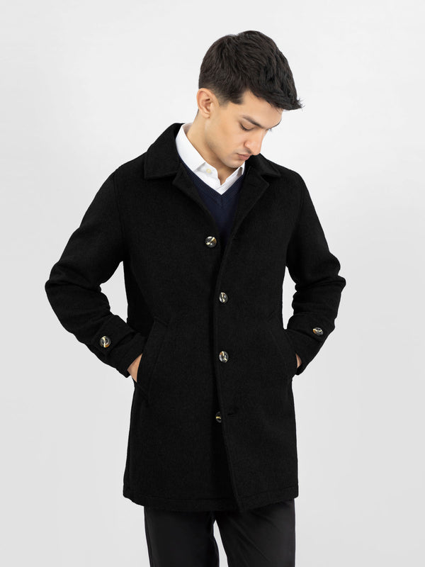 Black Wool Blended Long Coat With Collar